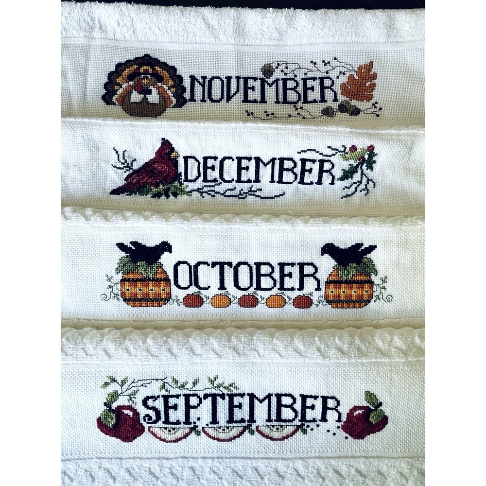 Vtg Cross Stitch Completed All 12 Months of the Year Dish Towels NEW - Picture 10 of 14